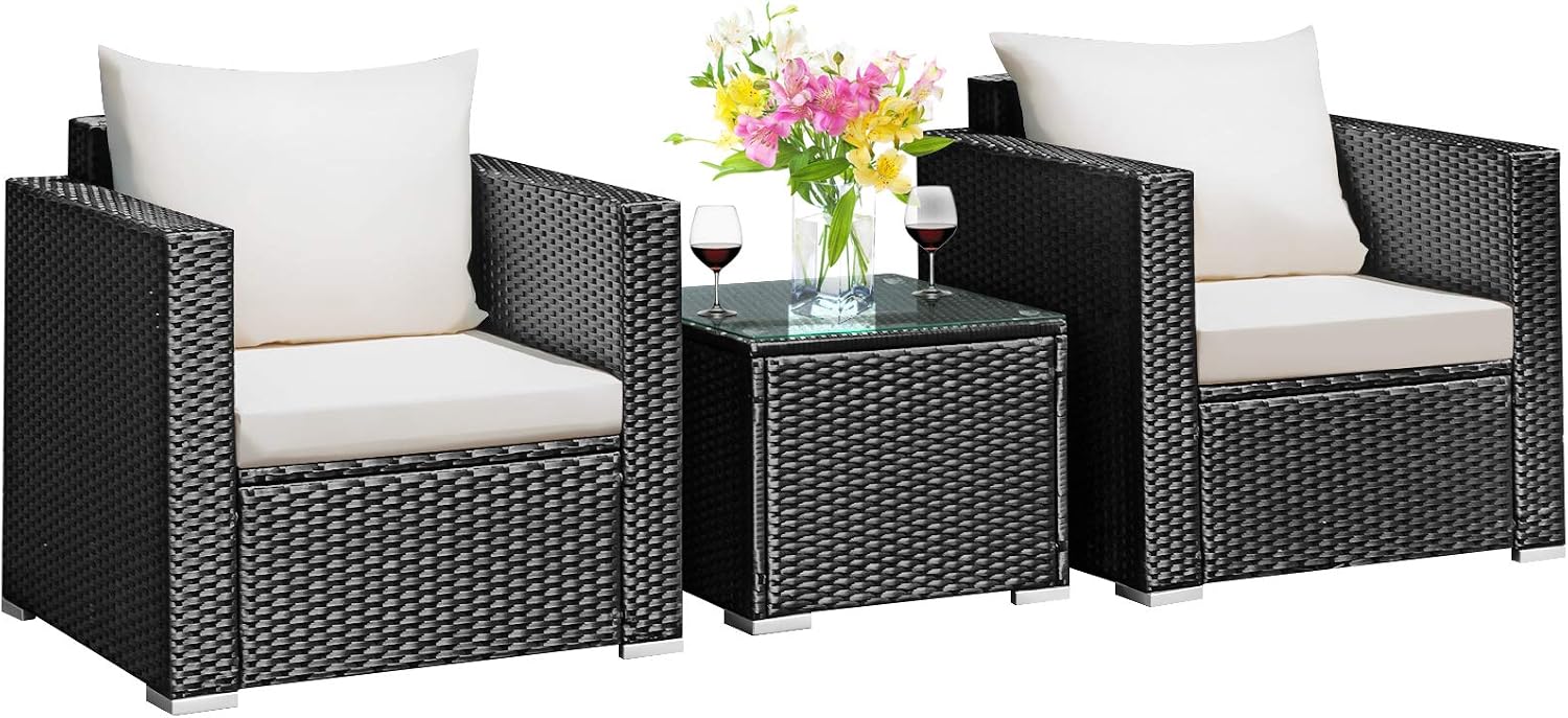 COSTWAY 3-Piece Outdoor Patio Furniture Set, Cushioned Armchairs and Tempered Glass Coffee Table, Wicker Rattan Sofa Set for Garden, Balcony, Backyard (White)