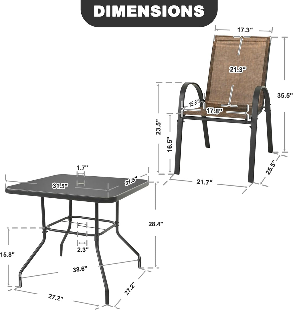 NUU GARDEN 5 PCS Patio Dining Set, Metal Outdoor Table and Chairs, with 4 Stackable Chairs and 31.5'' Square Table with Umbrella Hole, Outdoor Dining Set for Lawn, Balcony, Garden, Black and Brown