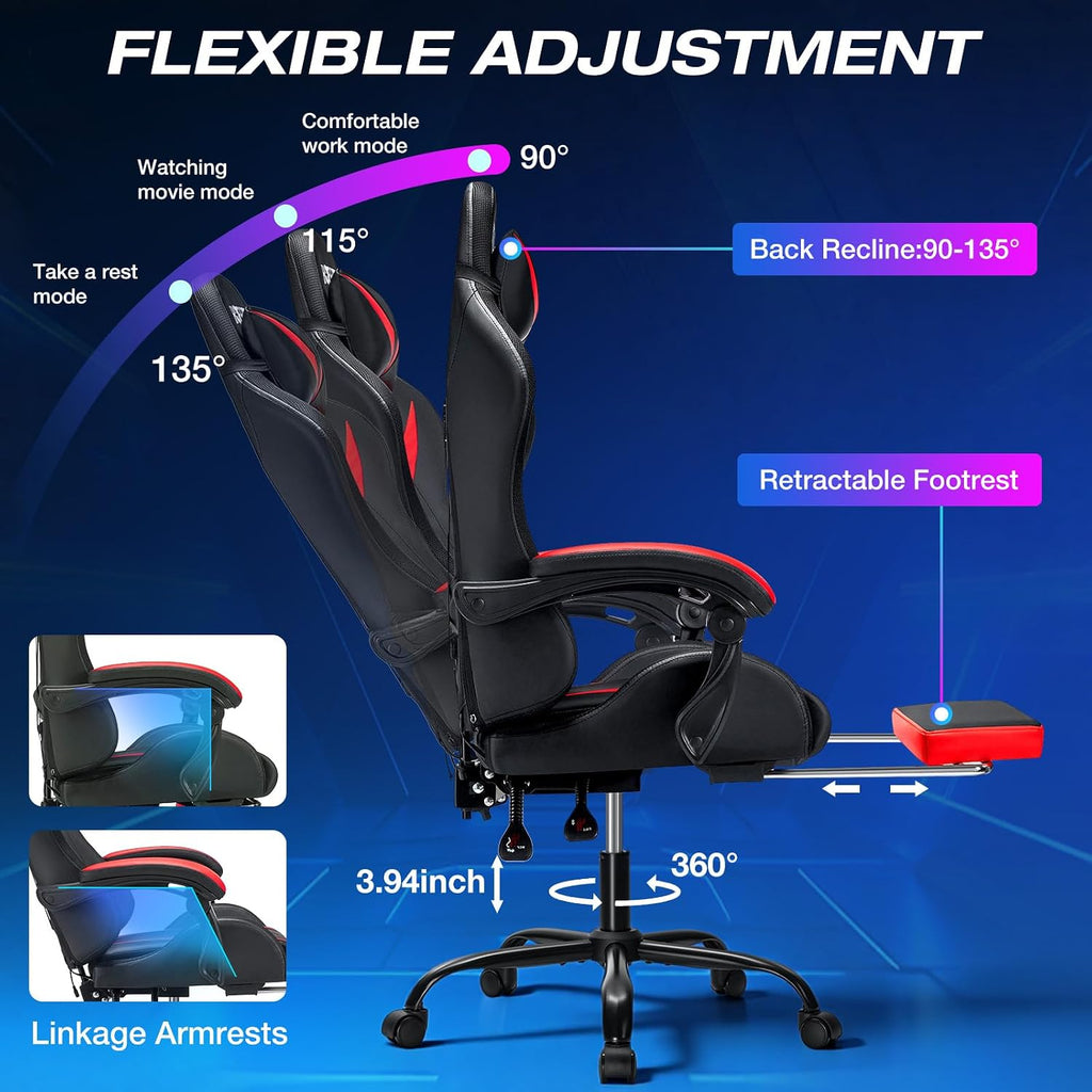 RGB Gaming Chair with Massage and LED Lights Ergonomic Computer Chair with Footrest High Back Video Game Chair with Adjustable Lumbar Support Linkage Armrest Red and Black