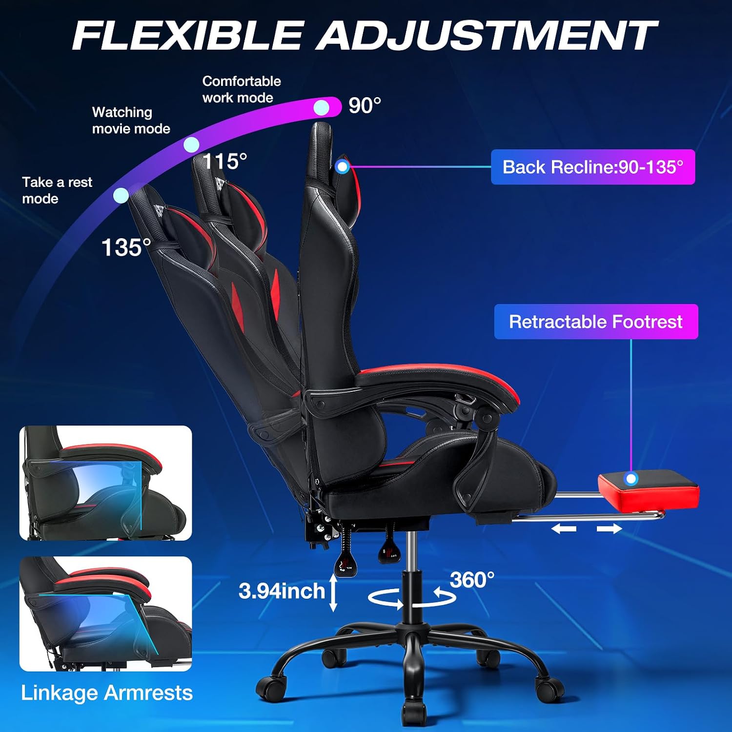 RGB Gaming Chair with Massage and LED Lights Ergonomic Computer Chair with Footrest High Back Video Game Chair with Adjustable Lumbar Support Linkage Armrest Red and Black