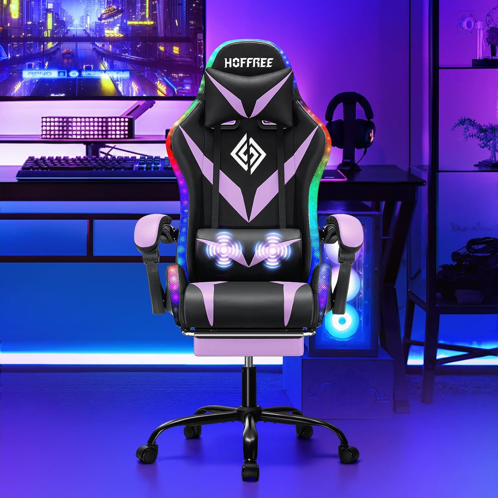 HOFFREE Gaming Chair with LED RGB Lights Massage Ergonomic Video Game Chairs with Footrest High Back Reclining Computer Chair with Adjustable Lumbar Support Purple and Black