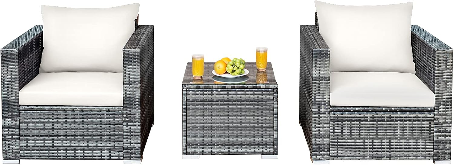 Tangkula 3 Pieces Patio Furniture Set, PE Rattan Wicker Sofa Set w/Washable Cushion and Tempered Glass Tabletop, Outdoor Conversation Furniture for Garden Poolside Balcony