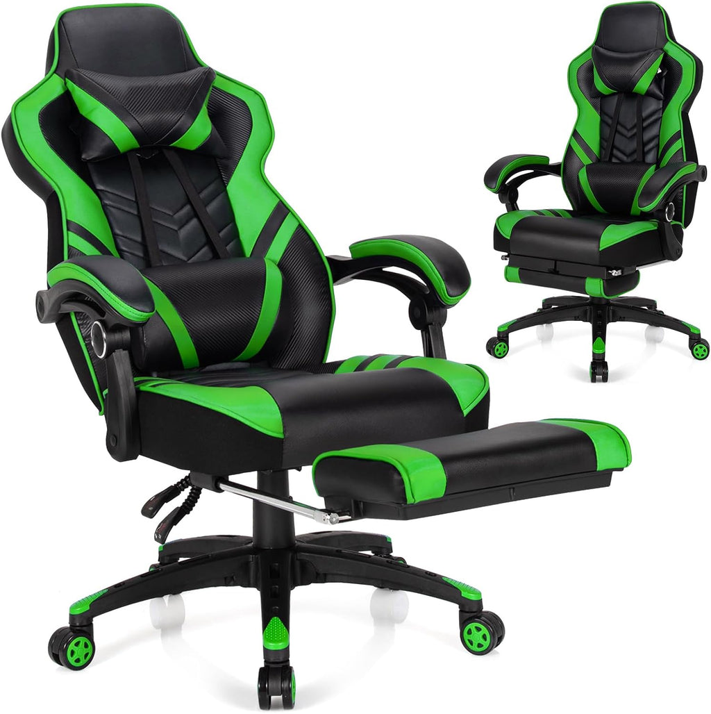 Goplus Gaming Chair, Computer Chair with Footrest and Lumbar Support, Height Adjustable Executive Swivel Rolling Task Chair with 90°-155° Tilt Function (Green)