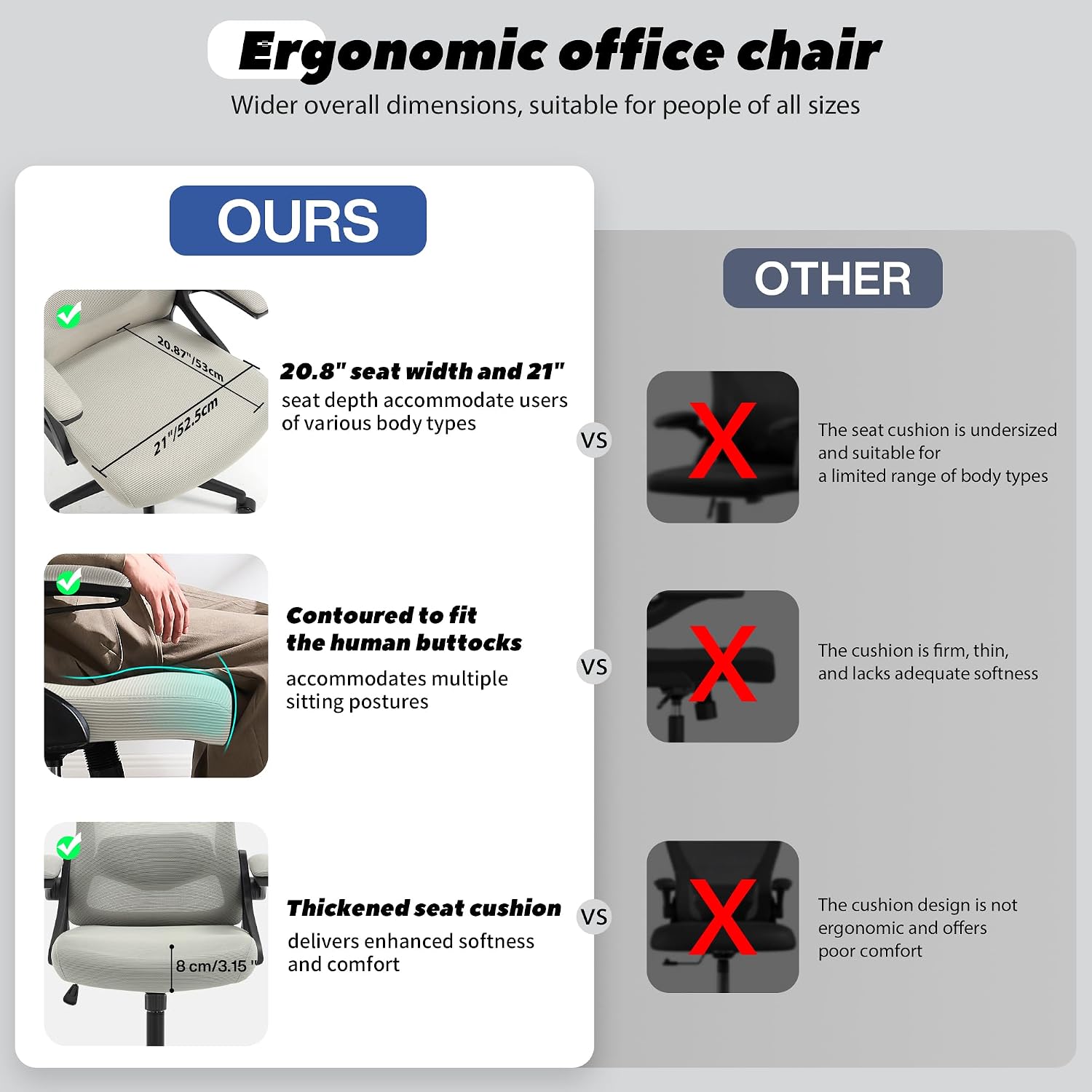 Fizzin Ergonomic Office Chair, 400 LBS Computer Chairs with Adjustable Lumbar Support, Breathable Mesh Desk Chair Ergonomic with Thickened Cushion, Comfy Home Office Desk Chair (Dark Gray)