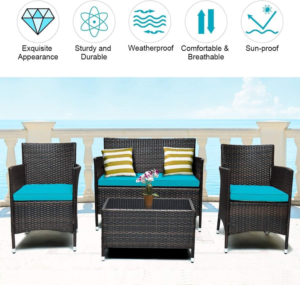 COSTWAY Outdoor Rattan Patio Furniture Set 4 Pieces, Wicker Rattan Cushioned Conversation Conversation Chairs with Coffee Table for Backyard Balcony Porch Poolside, Turquoise
