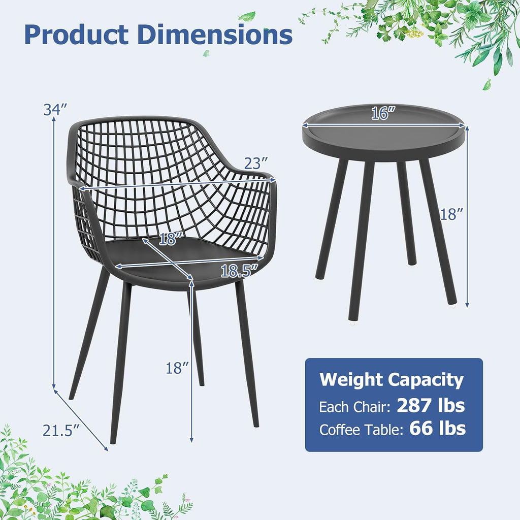 Giantex 3 Piece Patio Furniture Set, Outdoor Bistro Table and Chairs Set of 2, PP Seat & Metal Legs, Small Conversation Set for Balcony Front Porch Deck Backyard Lawn (Black)