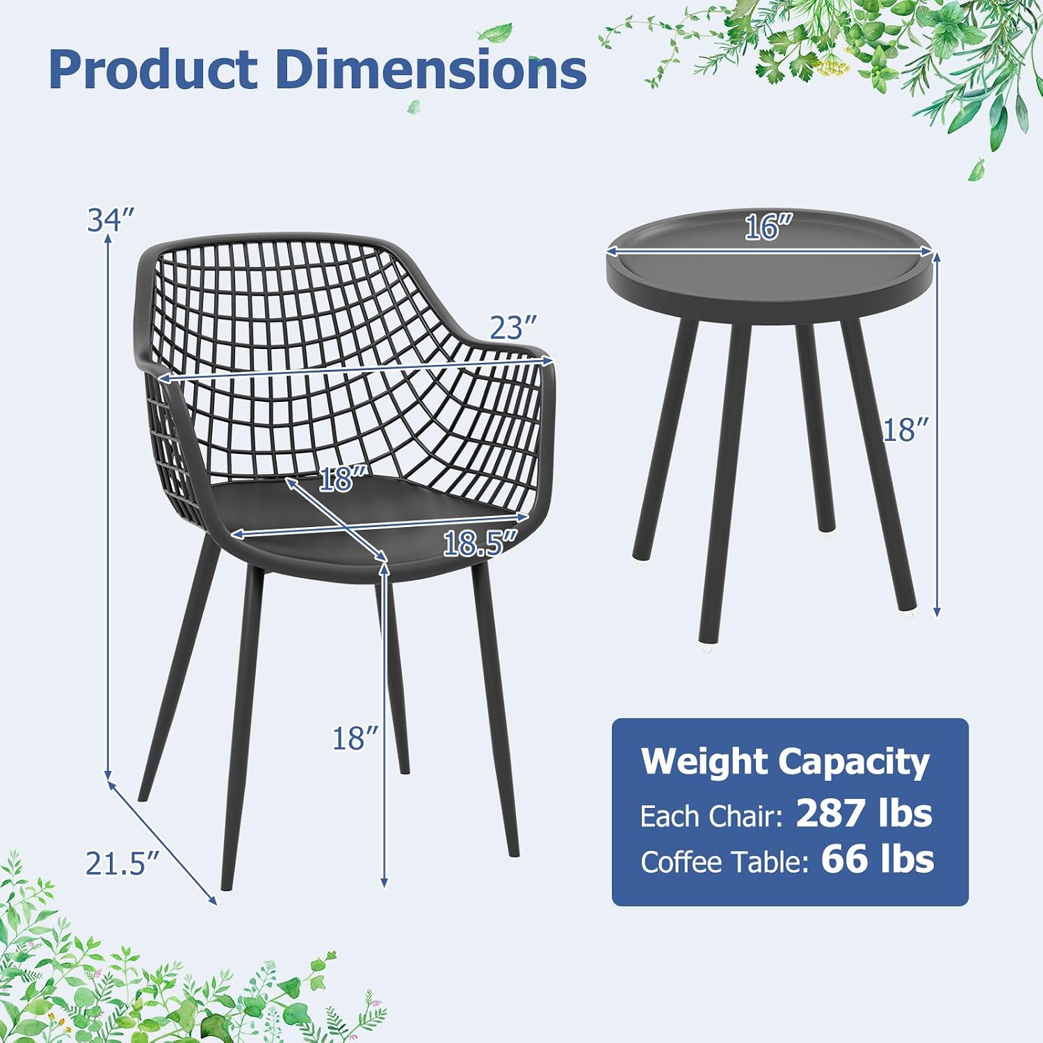 Giantex 3 Piece Patio Furniture Set, Outdoor Bistro Table and Chairs Set of 2, PP Seat & Metal Legs, Small Conversation Set for Balcony Front Porch Deck Backyard Lawn (Black)
