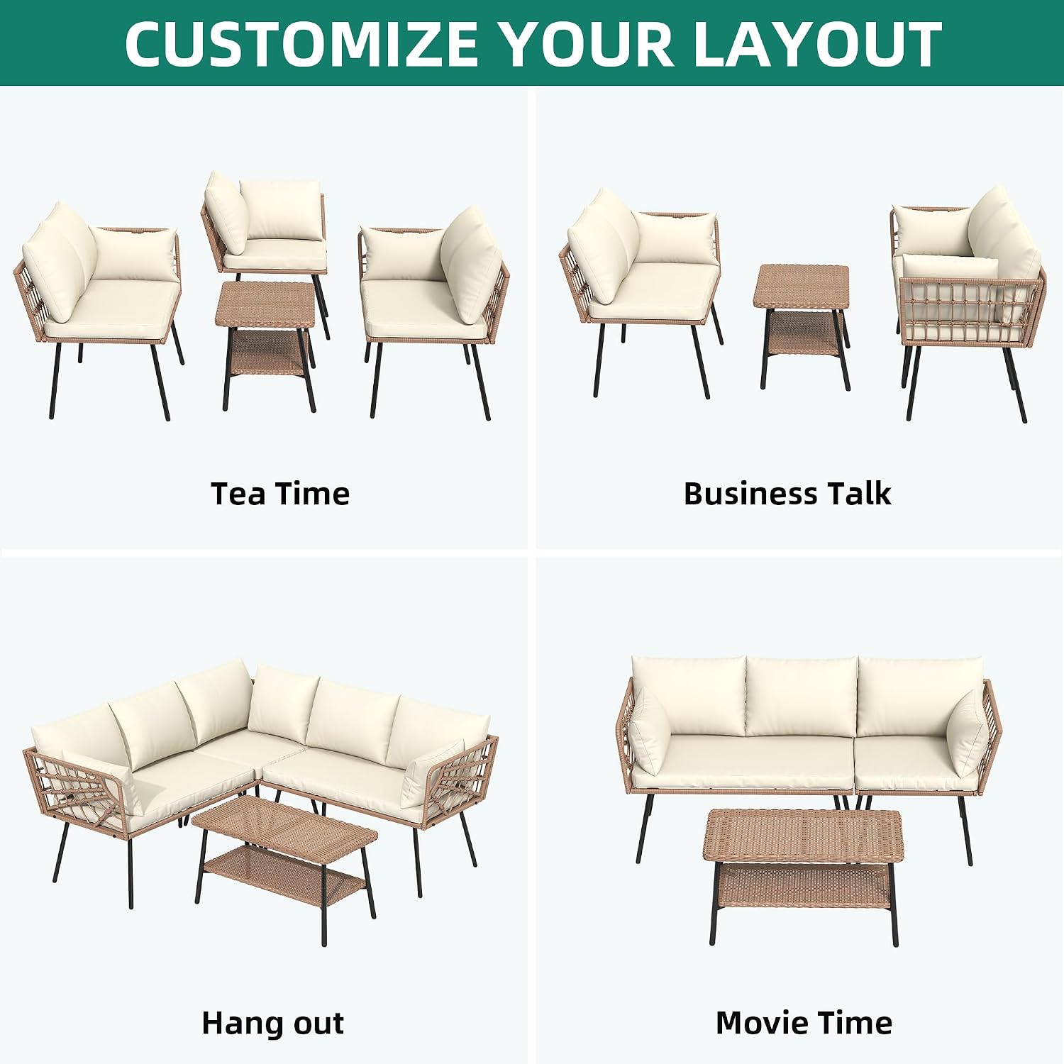 YITAHOME 4PCS Patio Furniture Set L Shape Outdoor Couch with 2-Tier Coffee Table and Thick Cushions Patio Conversation Set Rattan Sectional Sofa Boho Outdoor Furniture Set with 5 Seater for Backyard