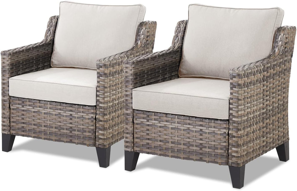 Patio Chairs Set of 2 - All Weather Rattan Wicker Outdoor Chairs with Thickened Cushions for Porch Deck Balcony Garden - Grey/Beige