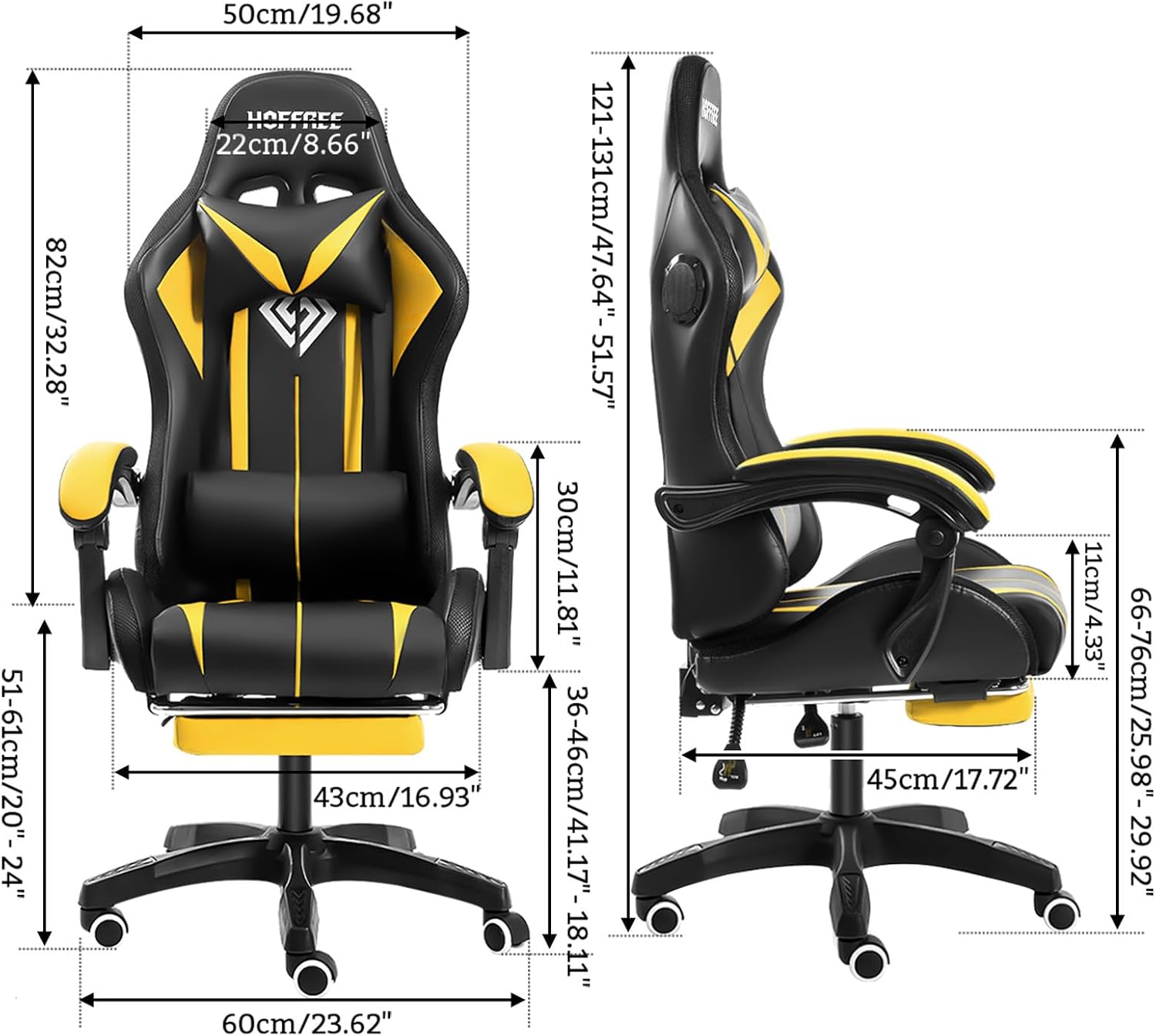 HOFFREE RGB Gaming Chair with Speakers Massage Computer Gaming Chair with LED Lights and Footrest High Back Video Game Chair for Adults Yellow and Black