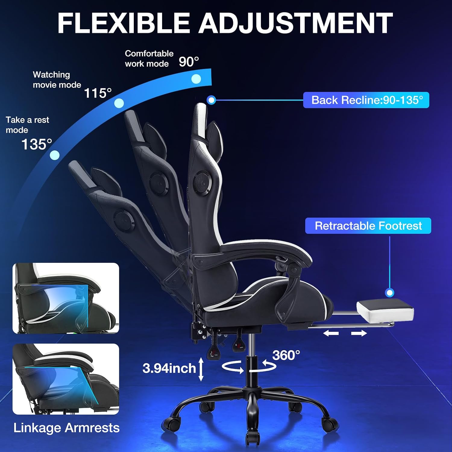 Gaming Chair with Speakers and Lights Ergonomic Computer Gaming Chair with Footrest LED RGB Lights Massage High Back Music Video Game Chair with Lumbar Support White and Black