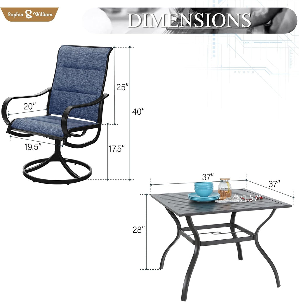 Sophia & William Outdoor Patio Dining Set 5 Pieces, 4 x Textilene Swivel Patio Chairs with Padded and 37' Square Metal Dining Table, Outdoor Table and Chair Set for Lawn Garden (Blue)