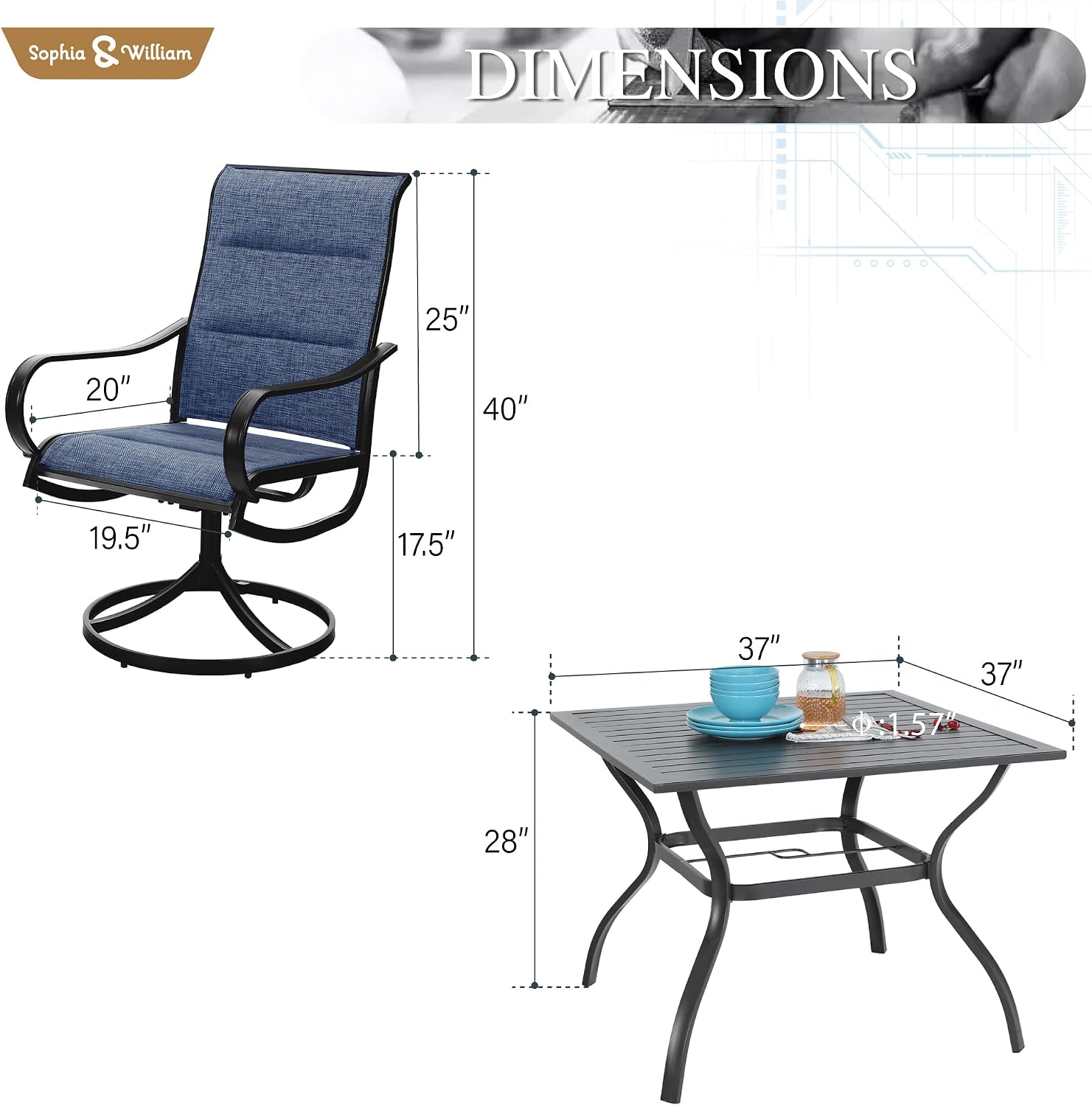 Sophia & William Outdoor Patio Dining Set 5 Pieces, 4 x Textilene Swivel Patio Chairs with Padded and 37' Square Metal Dining Table, Outdoor Table and Chair Set for Lawn Garden (Blue)