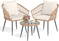 Tangkula 3 Piece Patio Bistro Set, PE Rattan Conversation Chairs with Round Glass Table & Soft Cushions, Outdoor Patio Furniture Set with Metal Frame for Balcony, Garden (Off White, 16.5 × 15.5 Inch)
