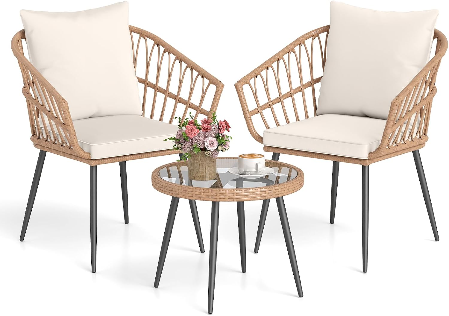 Tangkula 3 Piece Patio Bistro Set, PE Rattan Conversation Chairs with Round Glass Table & Soft Cushions, Outdoor Patio Furniture Set with Metal Frame for Balcony, Garden (Off White, 16.5 × 15.5 Inch)