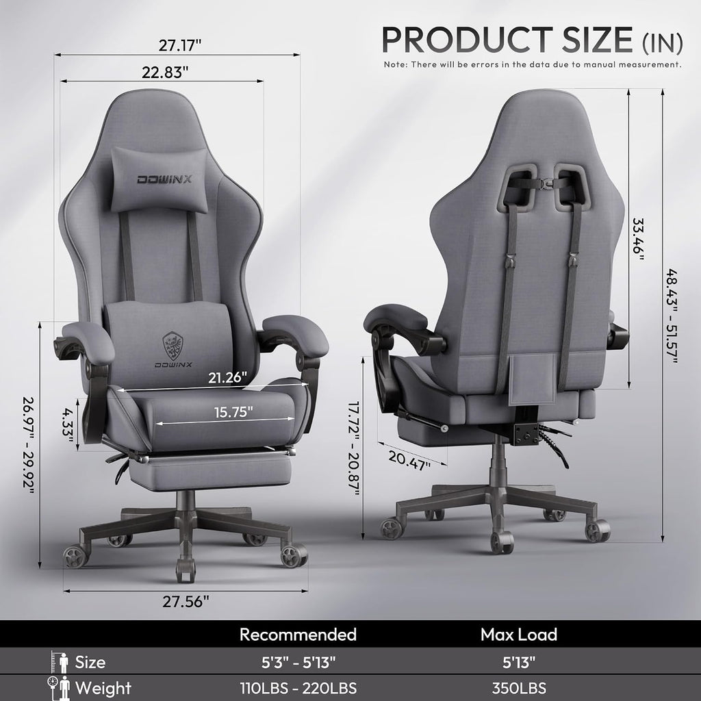 Dowinx Big and Tall Gaming Chair Fabric with Footrest Pocket Spring Cushion for Home Office, High Back Recliner Height Adjustable Ergonomic Comfy Cloth Computer Desk Chair, Grey