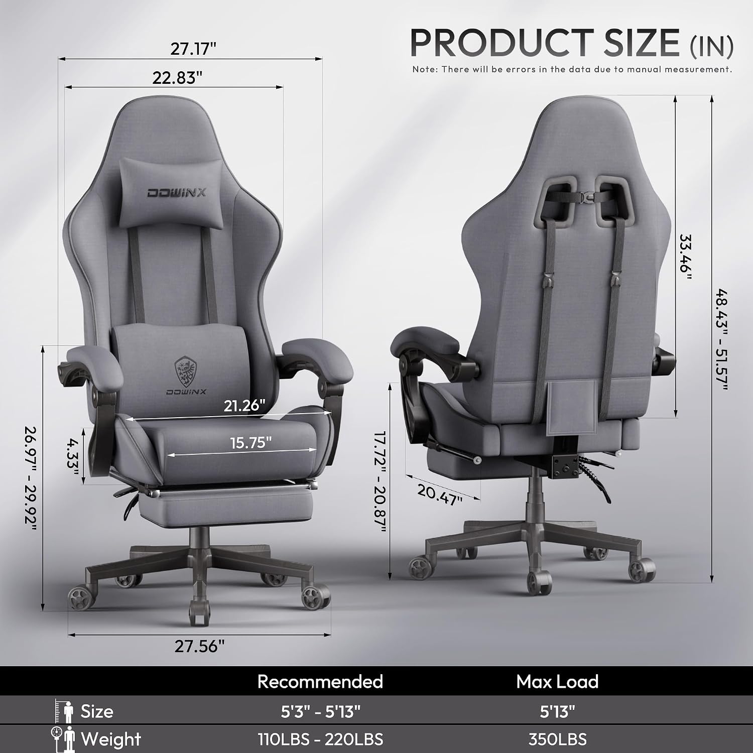 Dowinx Big and Tall Gaming Chair Fabric with Footrest Pocket Spring Cushion for Home Office, High Back Recliner Height Adjustable Ergonomic Comfy Cloth Computer Desk Chair, Grey