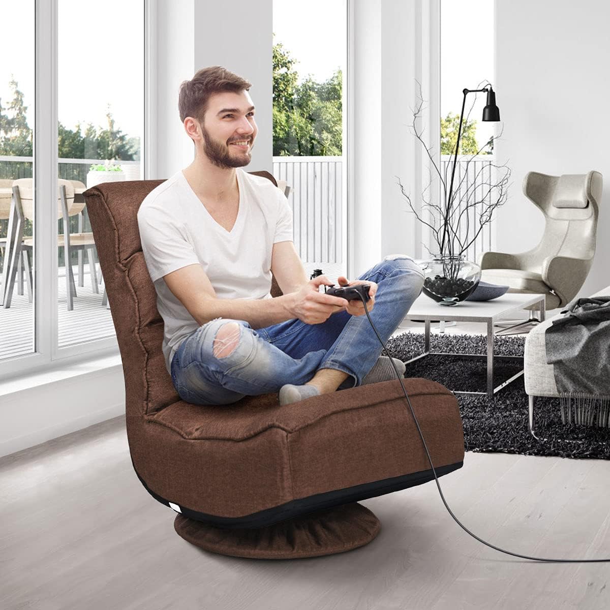 Giantex 360 Degree Swivel Gaming Chair, 6 Position Adjustable Folding Floor Chair, 300lb Spring Support, Comfortable Padded Backrest, Lazy Sofa Chair Game Rocker for Teens Adults (Coffee)