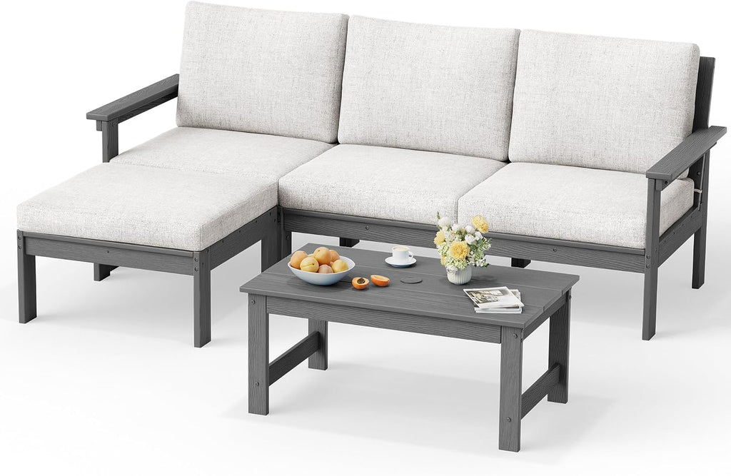 SERWALL Outdoor Sectional Sofa Set, 5-piece Outdoor Modula Couch Set with Ottoman, All Weather Patio Furniture Set with Chaise for Deck, Lawn, Gray Frame with Khaki Cushion