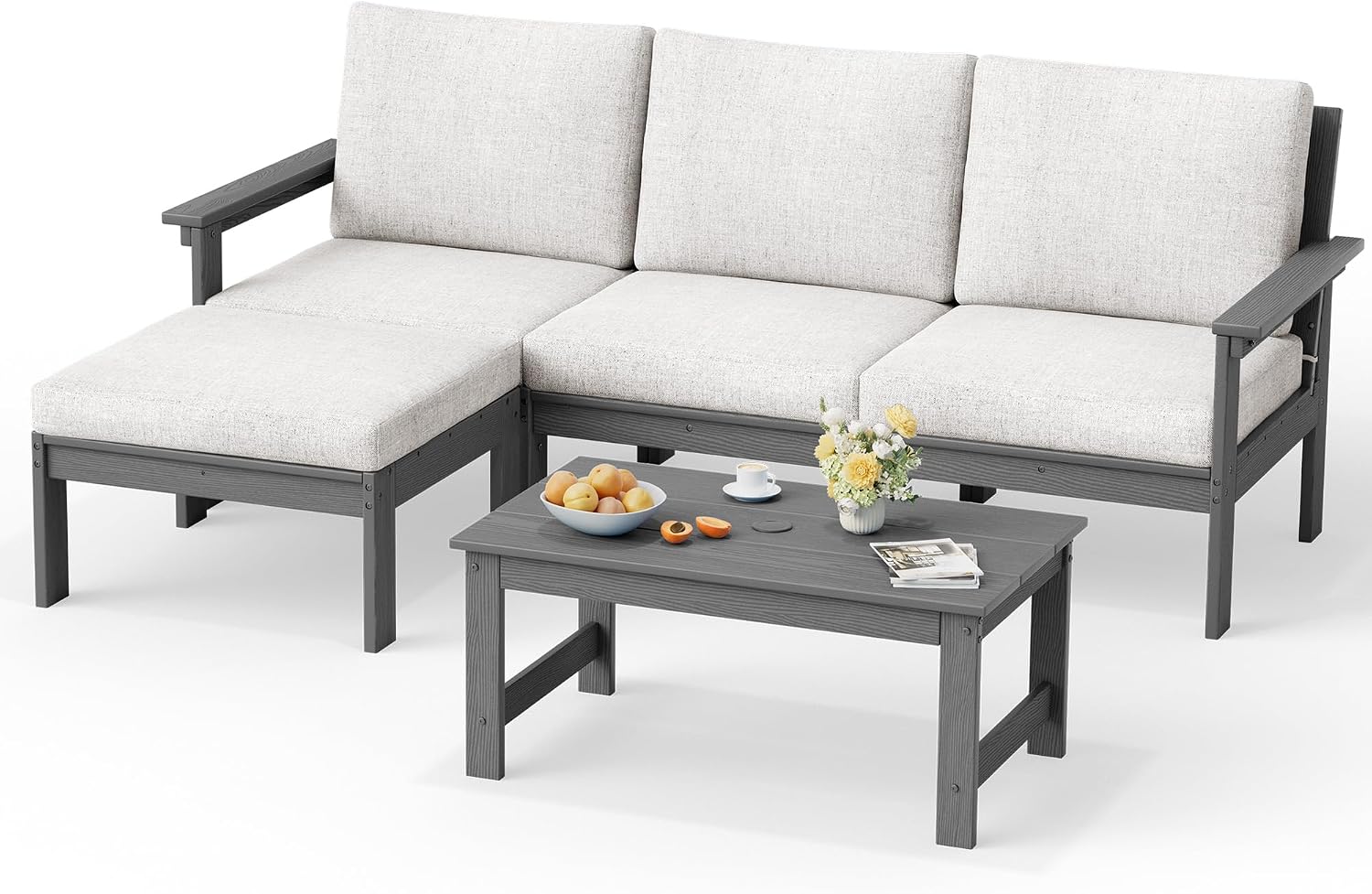 SERWALL Outdoor Sectional Sofa Set, 5-piece Outdoor Modula Couch Set with Ottoman, All Weather Patio Furniture Set with Chaise for Deck, Lawn, Gray Frame with Khaki Cushion