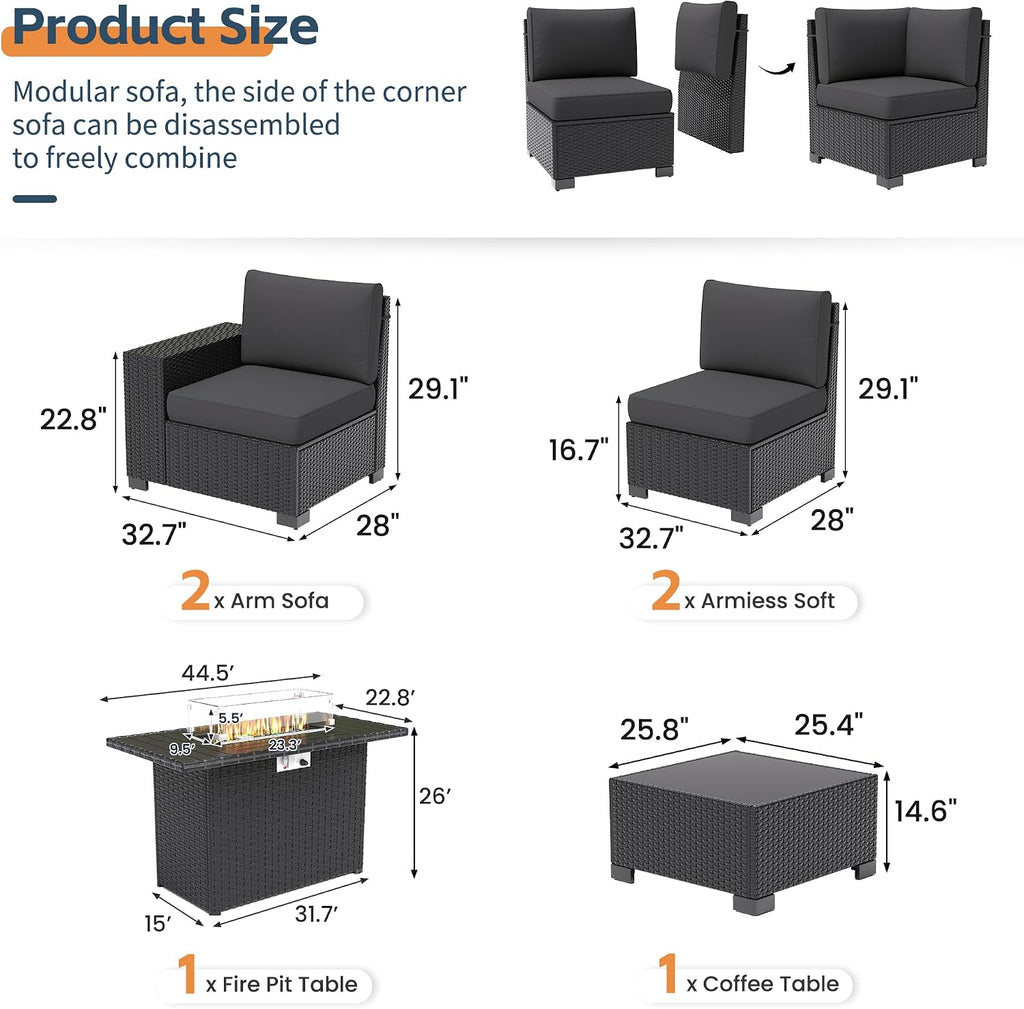 UDPATIO 6 Piece Patio Furniture Set, Outdoor Wicker Sectional Sofa with 8'' Wide Armrests, Modular Patio Conversation Set with Coffee Table for Backyard, Deck, Garden