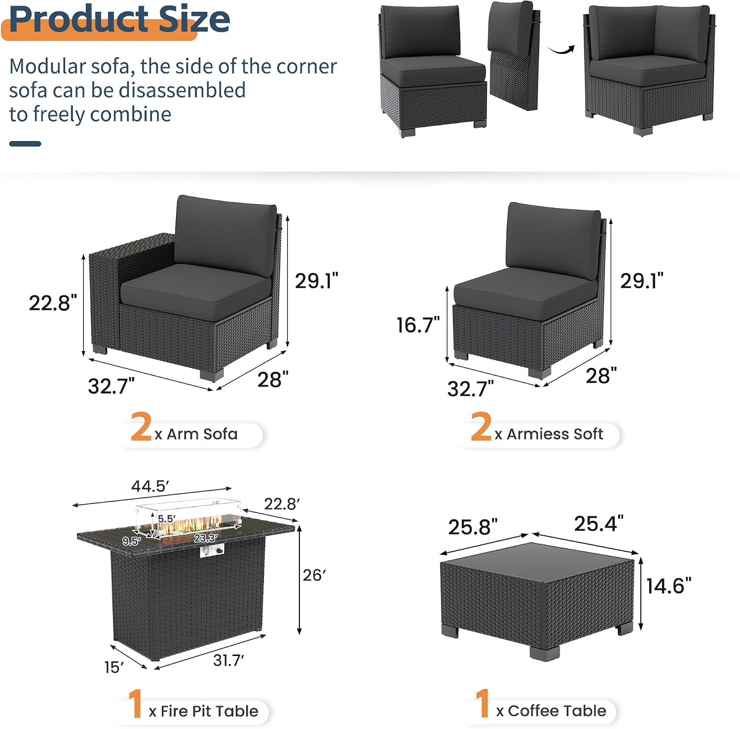 UDPATIO 6 Piece Patio Furniture Set, Outdoor Wicker Sectional Sofa with 8'' Wide Armrests, Modular Patio Conversation Set with Coffee Table for Backyard, Deck, Garden
