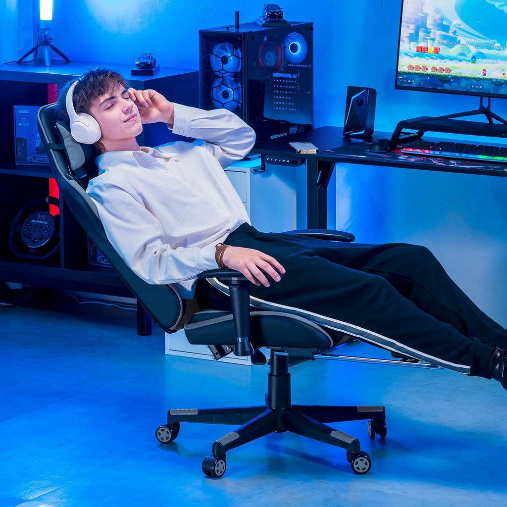 GTPLAYER Gaming Chair with Footrest, Ergonomic Computer Game Desk Chair, Recline Gaming Chair Seat Height Adjustment, Swivel Rocker with Headrest and Lumbar (Gray)