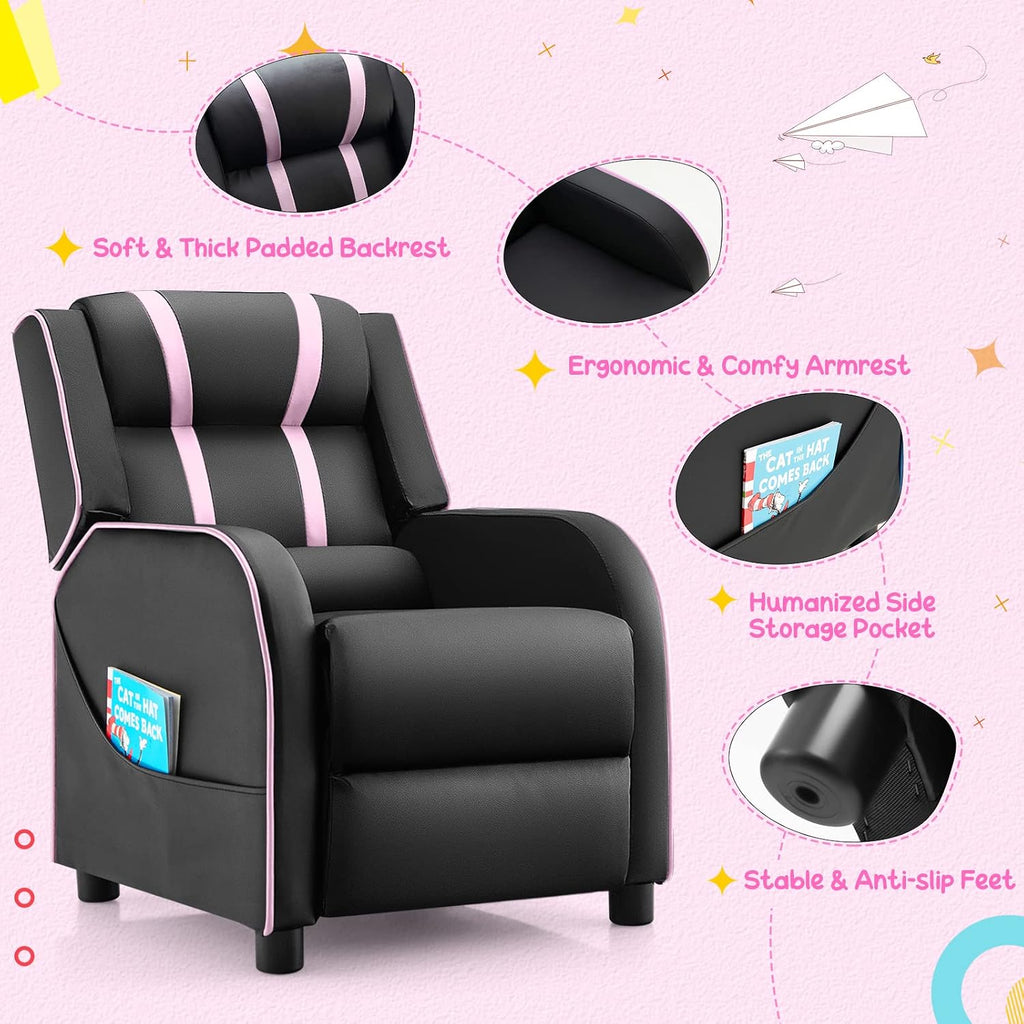 Costzon Kids Recliner, Gaming Recliner Chair w/Side Pockets, Footrest, Headrest & Lumbar Support for Kids Room & Play Room, Adjustable Racing Style Leather Sofa for Children Boys Girls (Pink, Black)