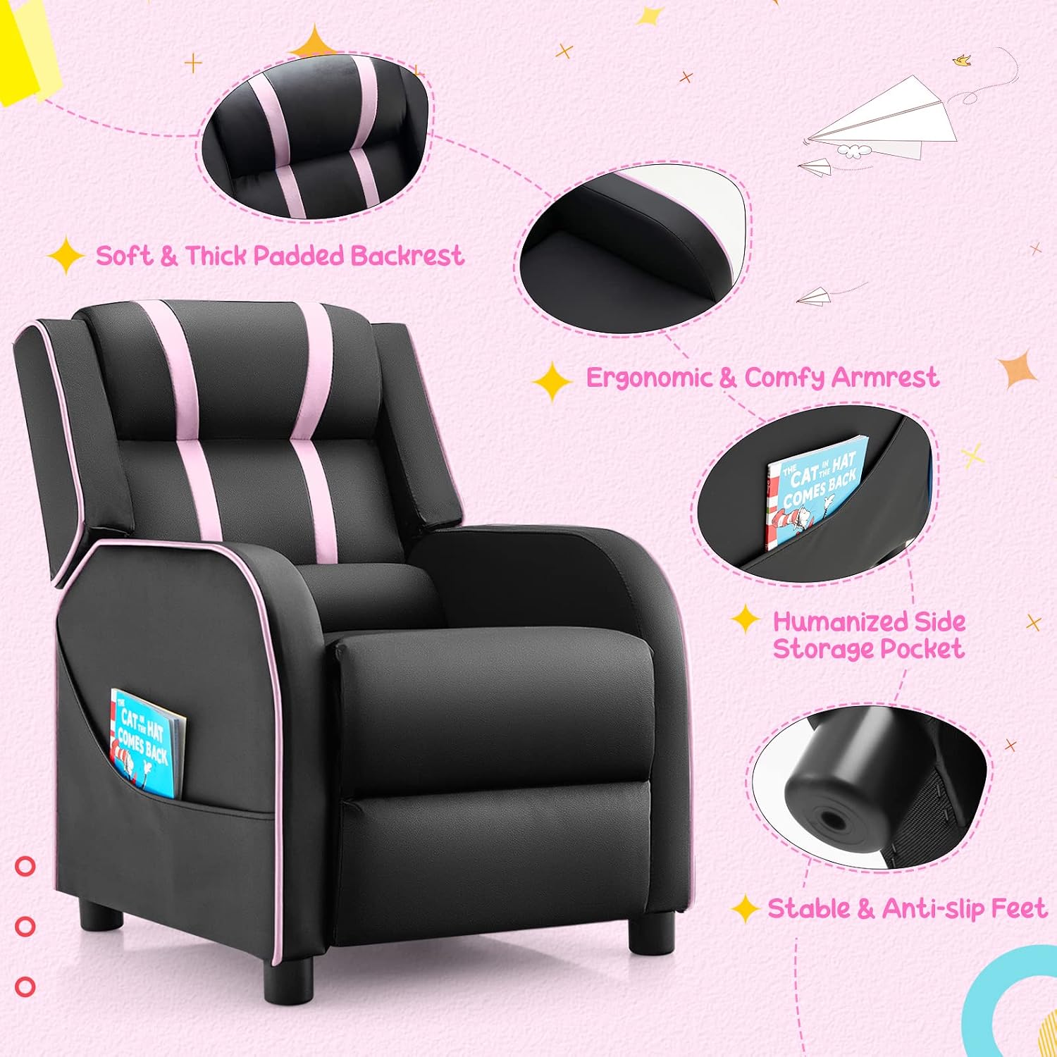 Costzon Kids Recliner, Gaming Recliner Chair w/Side Pockets, Footrest, Headrest & Lumbar Support for Kids Room & Play Room, Adjustable Racing Style Leather Sofa for Children Boys Girls (Pink, Black)