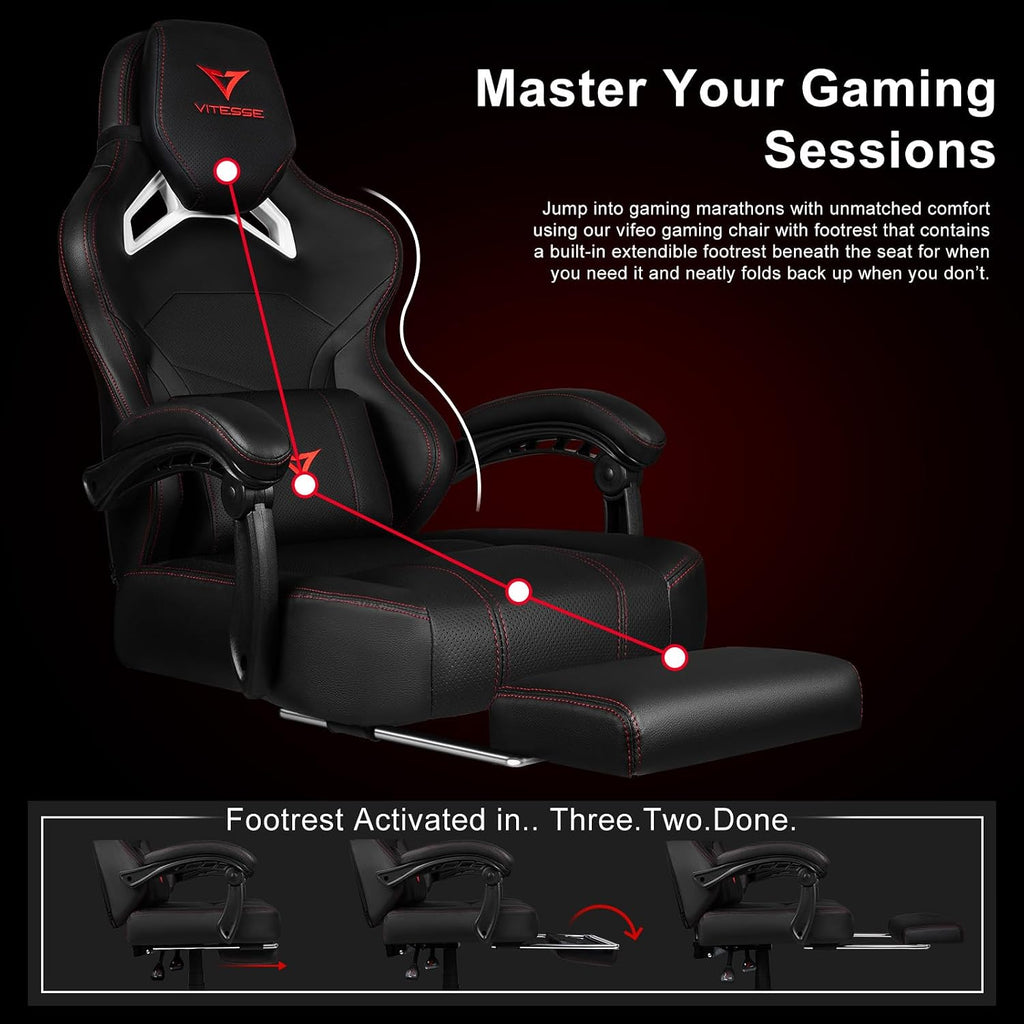 VITESSE Big and Tall Gaming Chair 400lb Weight Capacity with Footrest, Ergonomic Video Game Chair for Adults with Oversized Headrest and Lumbar Pillow, Computer Chair Gaming for Office (Black+Red)