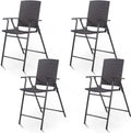 Giantex Set of 4 Folding Wicker Rattan Bar Chairs High Stool with Back Steel Frame Portable Outdoor Indoor UV Resistant Barstools Garden Patio Furniture Set w/Armrests Footrest