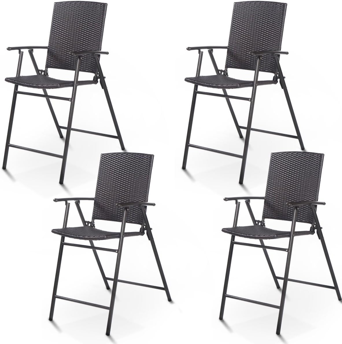 Giantex Set of 4 Folding Wicker Rattan Bar Chairs High Stool with Back Steel Frame Portable Outdoor Indoor UV Resistant Barstools Garden Patio Furniture Set w/Armrests Footrest