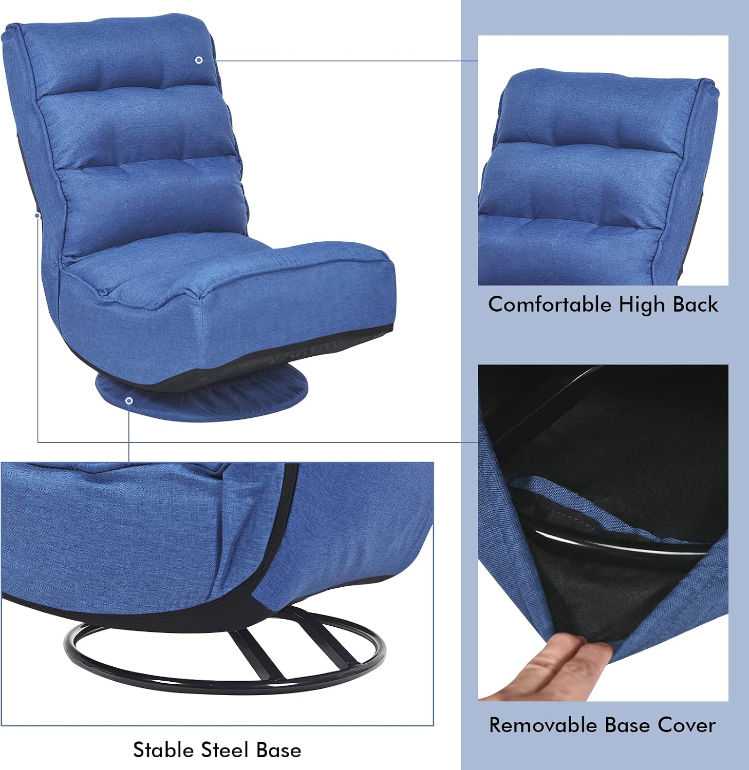 COSTWAY Folding Floor Chair, Adjustable 5-Position Video Gaming Chair with 360 Degree Swivel, Detachable Cover, Padded Backrest, Multipurpose Living Room Floor Lounger for TV, Reading, Playing (Navy)