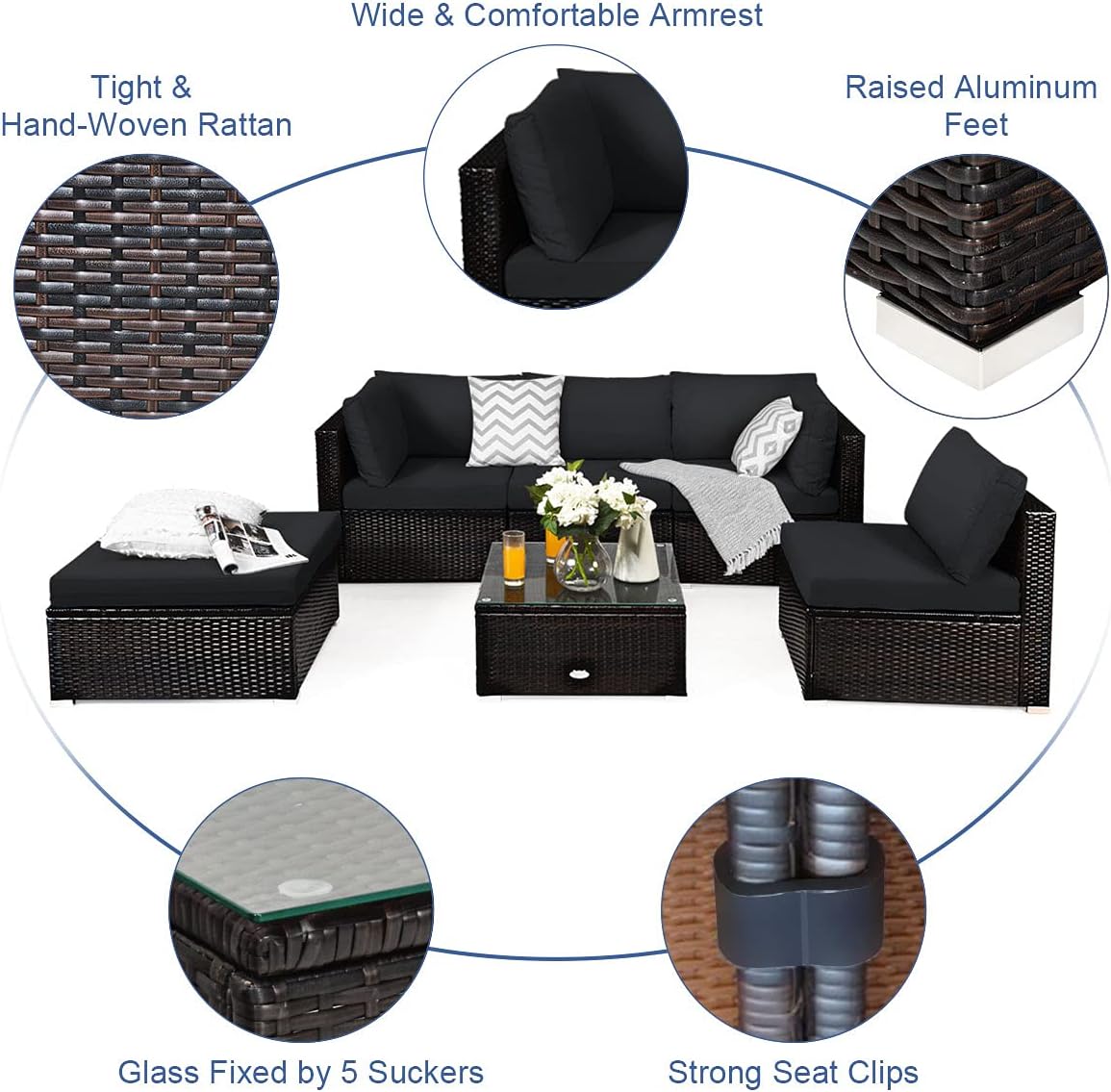 Tangkula 6 Piece Patio Furniture Set, Outdoor Deck Lawn Backyard Durable Steel Frame PE Rattan Wicker Sectional Sofa Set, Conversation Set with Coffee Table (Black)