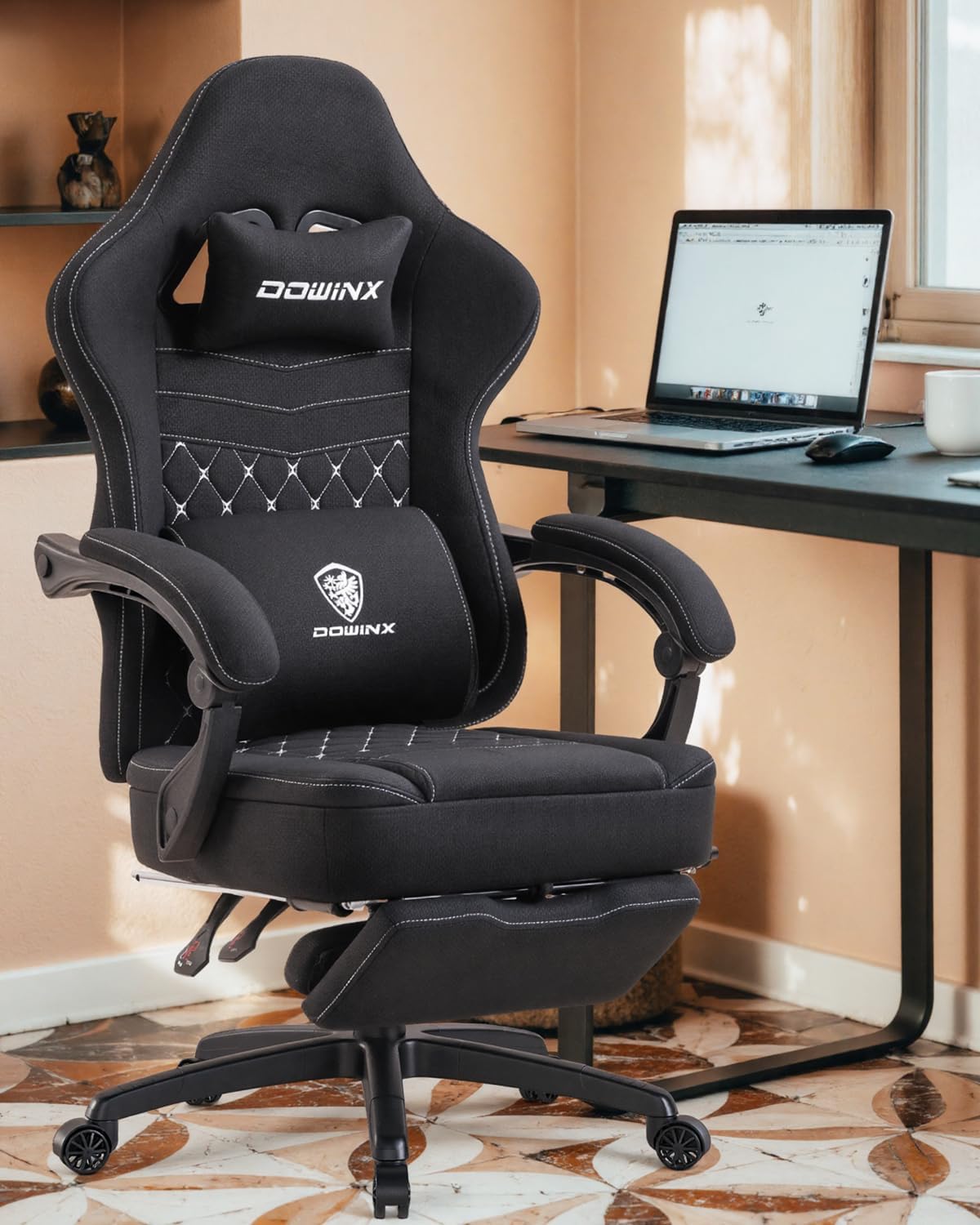 Dowinx Gaming Chair Breathable Fabric Game Chair with Gel Pad and Storage Bag, Comfortable Gamer Chair with Pocket Spring Cushion,Ergonomic Computer Chair with Footrest,Black and White