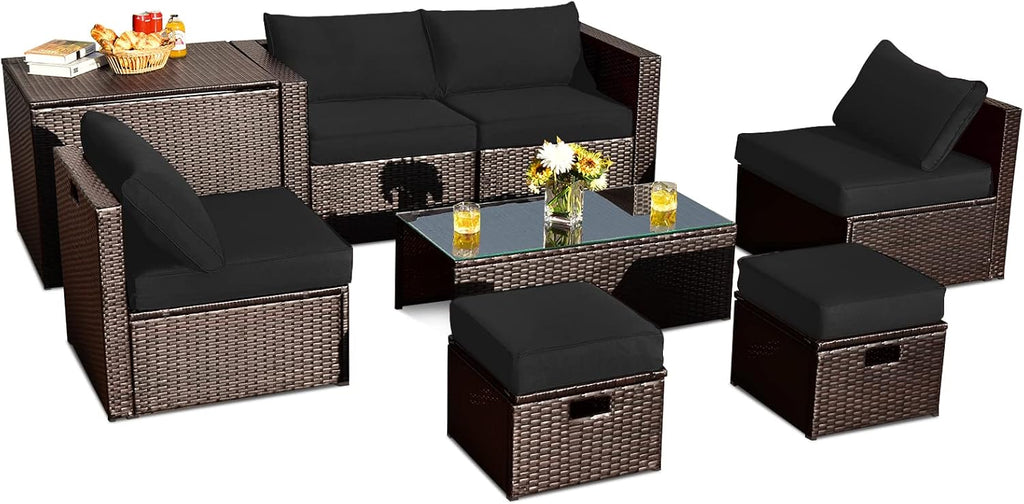 Tangkula 8 Piece Patio Furniture Set, Patiojoy Outdoor Space Saving PE Rattan Sectional Sofa Set for 6 with Waterproof Cover, for Garden, Deck, Poolside and Balcony (Black)