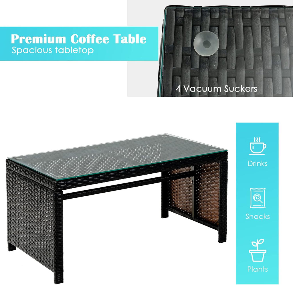 COSTWAY 4 Piece Patio Furniture Set, Outdoor PE Rattan Wicker Sectional Sofa with Cushion and Coffee Table, Patio Conversation Sets for Balcony Lawn Porch Patio Backyard Garden Poolside, Turquoise