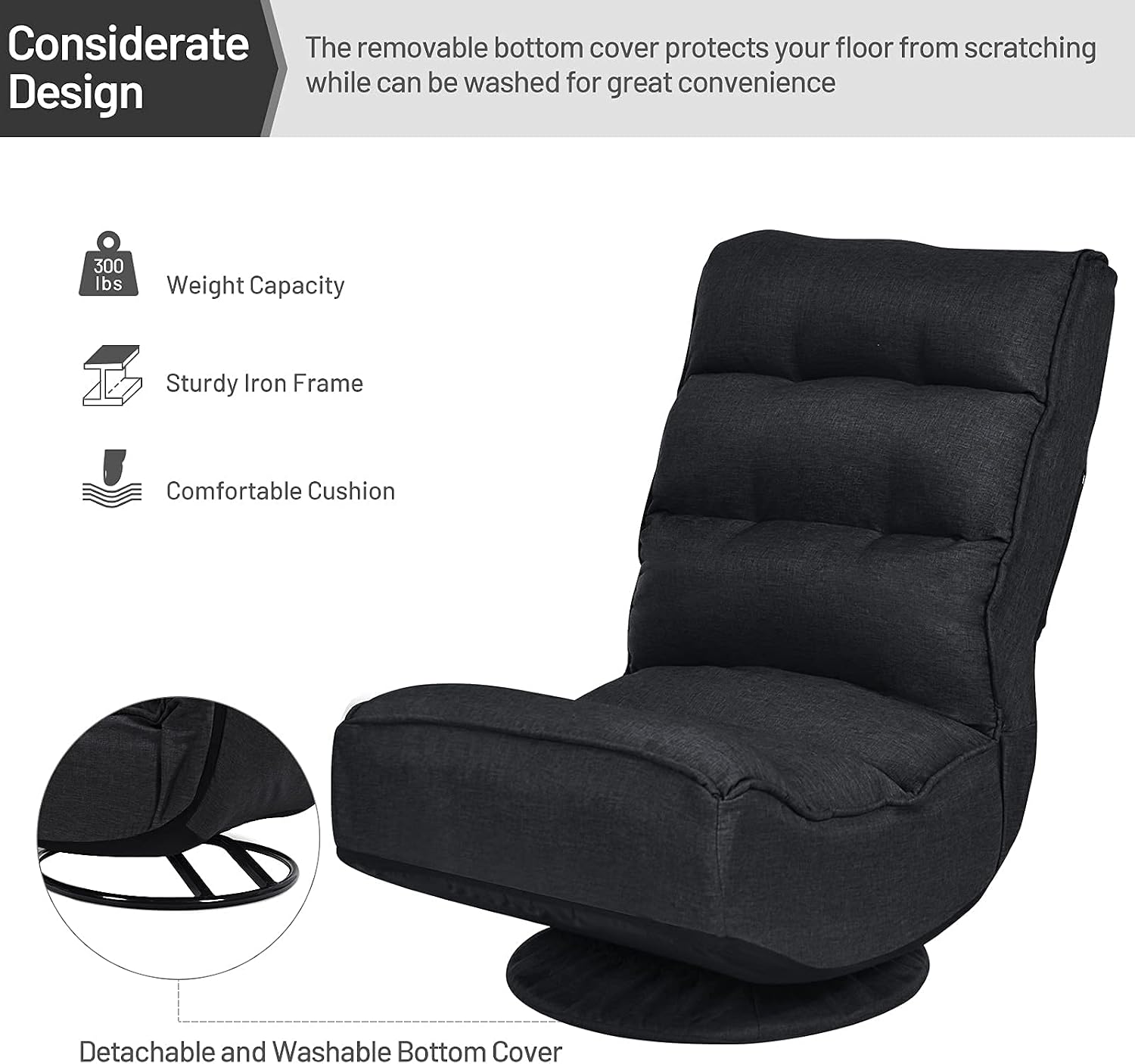 Giantex 360 Degree Swivel Gaming Chair, 6 Position Adjustable Folding Floor Chair, 300lb Spring Support, Comfortable Padded Backrest, Lazy Sofa Chair Game Rocker for Teens Adults (Black)