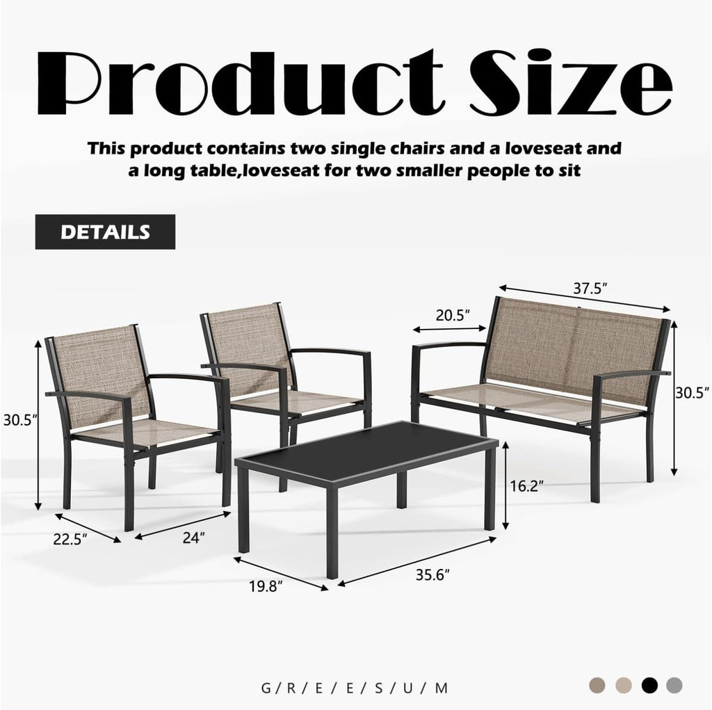 Greesum 4 Pieces Patio Furniture Set, Outdoor Conversation Sets for Patio, Lawn, Garden, Poolside with A Glass Coffee Table, Brown