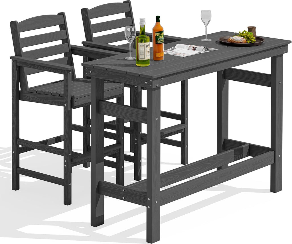 SERWALL Outdoor Bar Set - 2 Adirondack Bar Chairs & Bar Height Table with 1.6' Umbrella Hole, All-Weather HDPE Patio Furniture for Poolside, Backyard, Garden - Grey