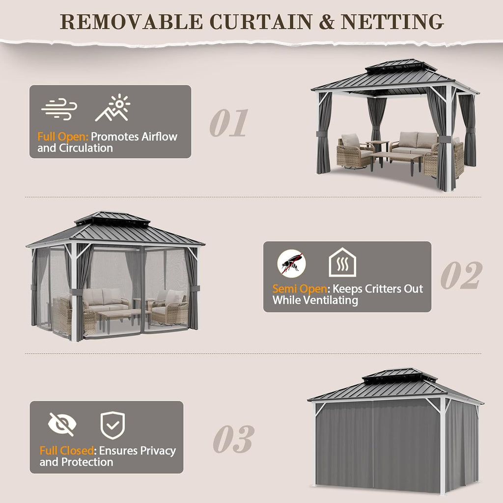 EAGLE PEAK 12x10 Hardtop Gazebo, Galvanized Steel Double Roof with Aluminum Frame, Outdoor Pavilion with Netting and Curtains for Patio, Deck, Lawn and Garden, White/Gray