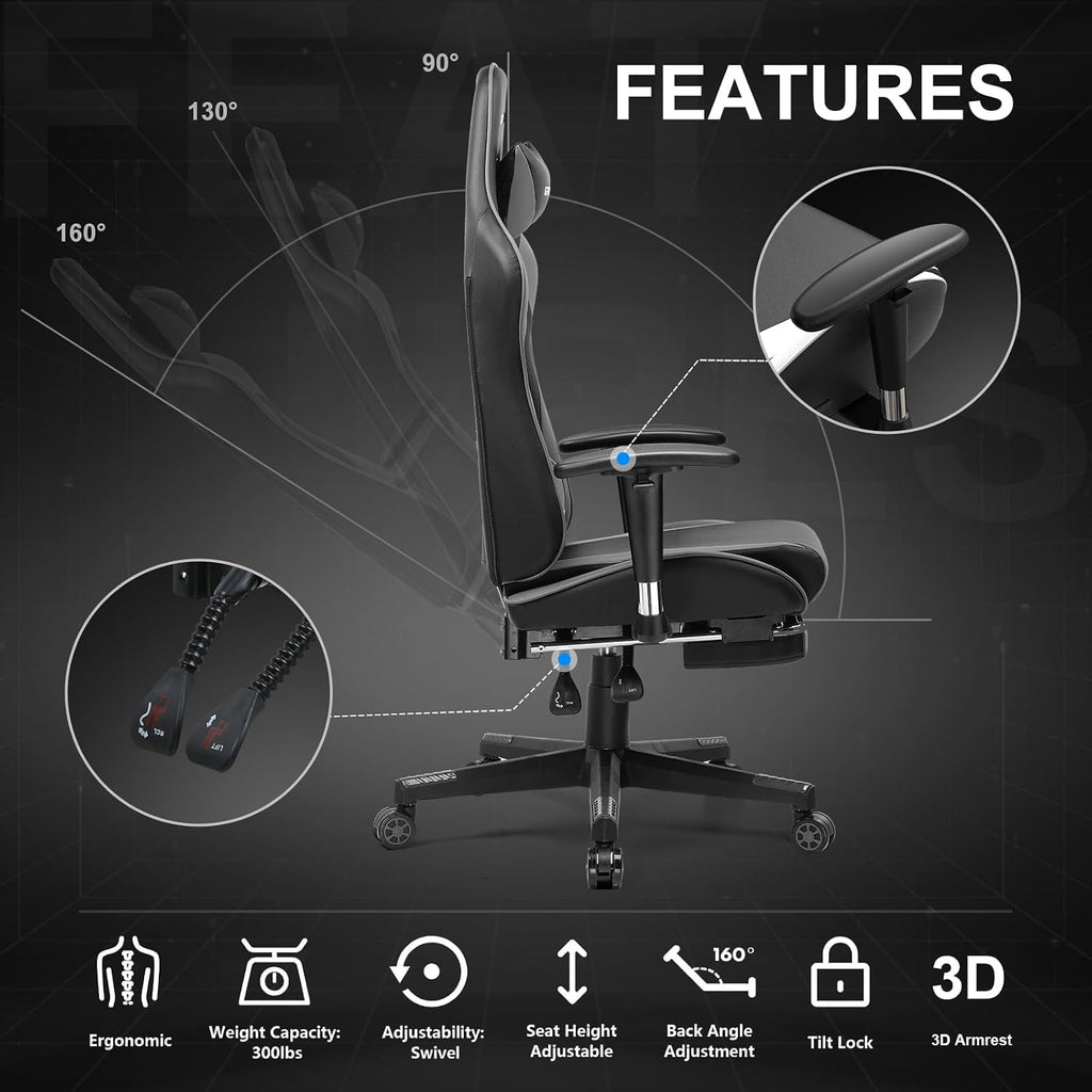 GTPLAYER Gaming Chair with Footrest, Ergonomic Computer Game Desk Chair, Recline Gaming Chair Seat Height Adjustment, Swivel Rocker with Headrest and Lumbar (Gray)