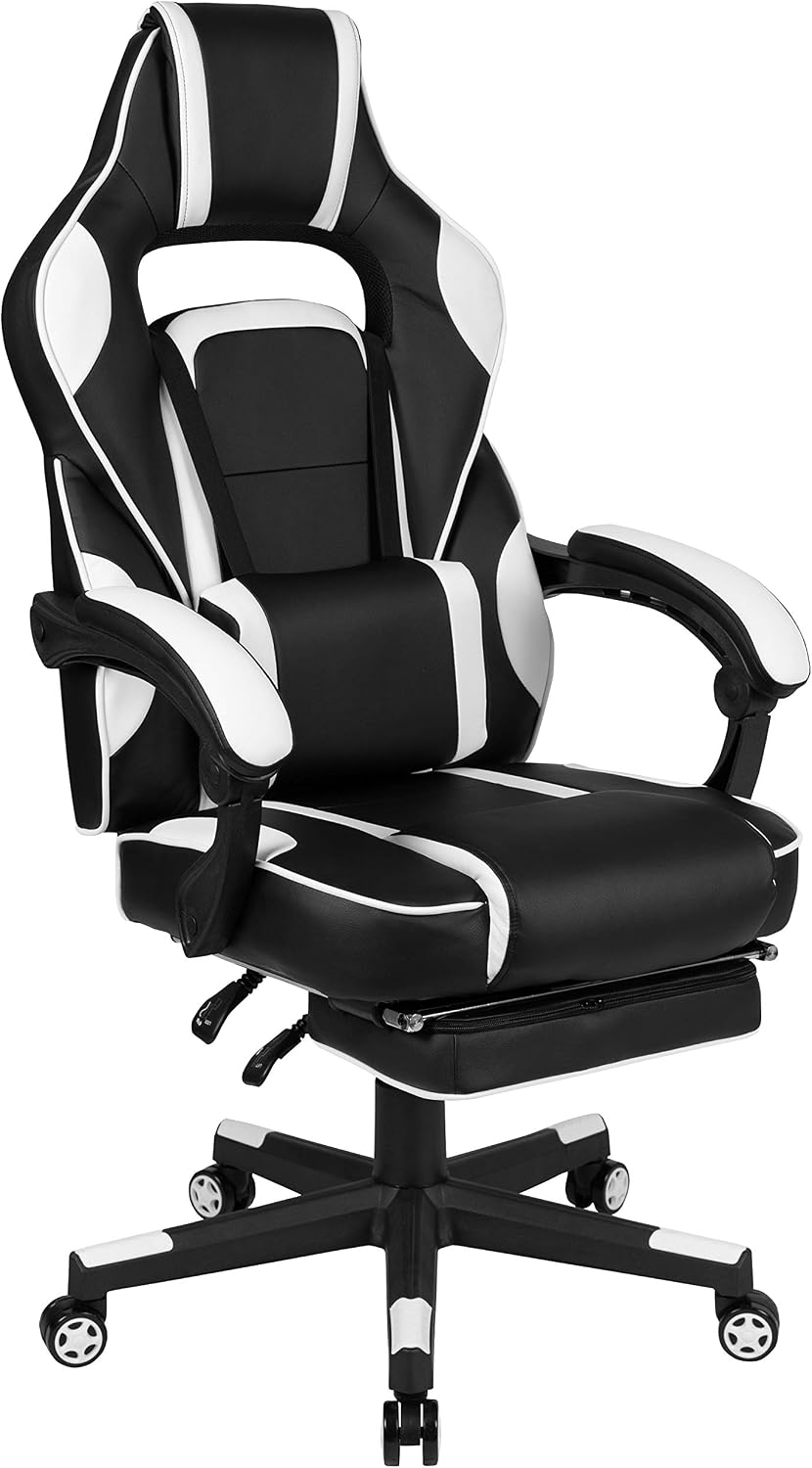 EMMA + OLIVER White Ergonomic Gaming Chair - Reclining Back/Arms, Footrest, Massaging Lumbar