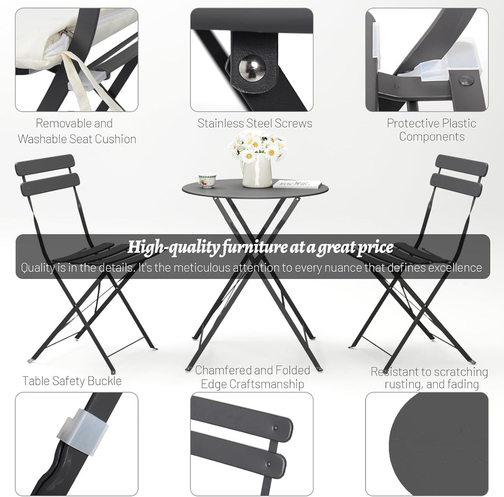 3-Piece Patio Bistro Set Outdoor Furniture Set Folding Bistro Table and Chairs with Premium Steel Frame Weather Resistant Conversation Set for Bistro Balcony Porch Yard Garden(grey with cushion)