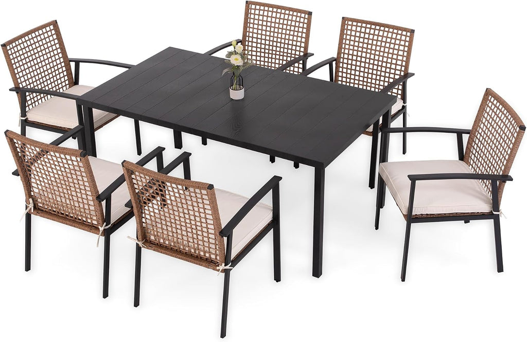 LAUSAINT HOME 7 Pieces Patio Dining Set, Outdoor Furniture Set of 6 Chairs with Soft Cushion and Iron Slats Table Top with Umbrella Hole, Conversation Set for Backyard, Garden and Poolside