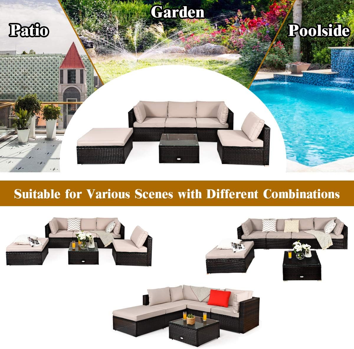 Tangkula 6 Piece Patio Furniture Set, Outdoor Deck Lawn Backyard Durable Steel Frame PE Rattan Wicker Sectional Sofa Set, Conversation Set with Coffee Table (Beige)