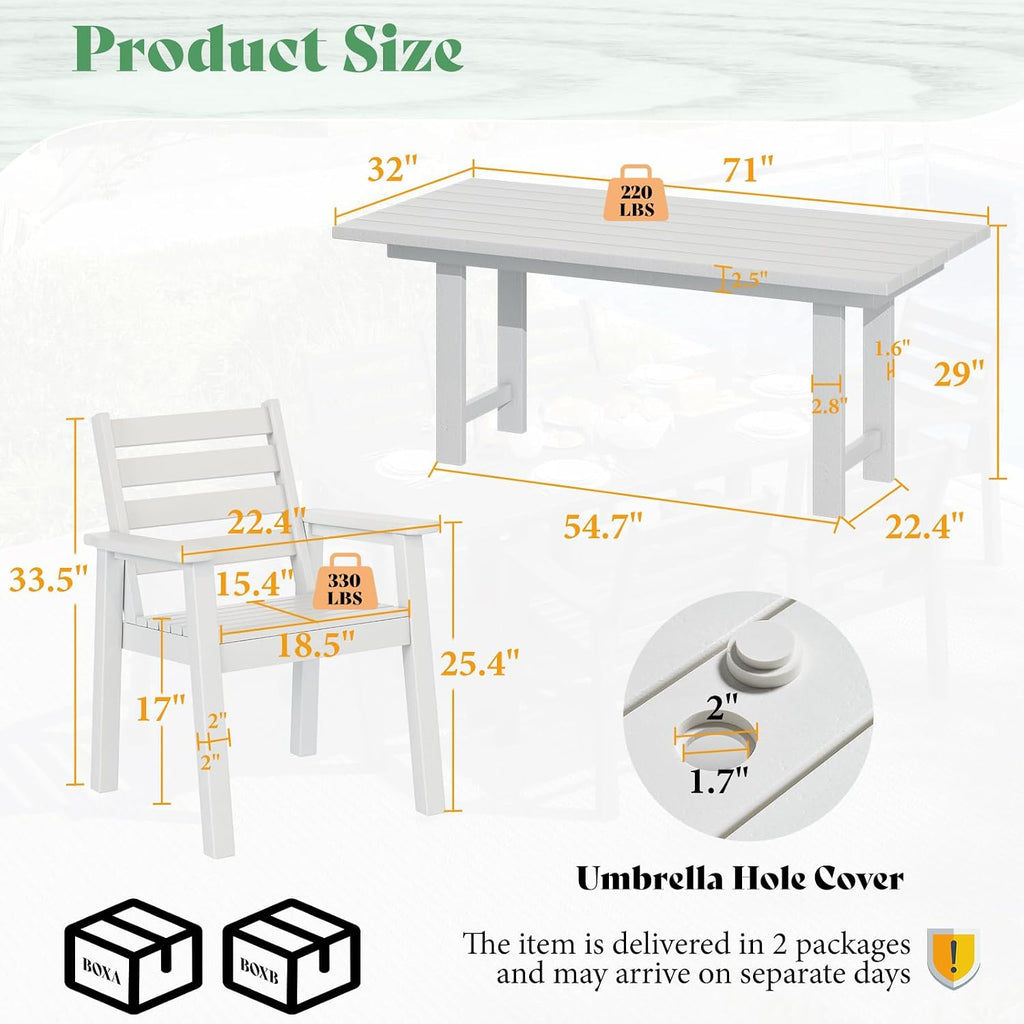 AMERLIFE 7-Piece HDPE Outdoor Dining Table Set with 6 Chairs, 71' L Patio Dining Furniture Set with Umbrella Hole, Modern Dinner Table & Chairs Set for Garden, Backyard, Poolside, White