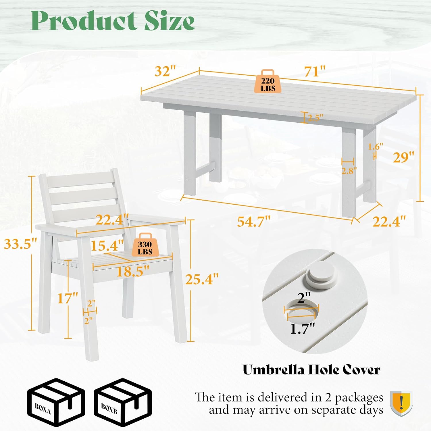 AMERLIFE 7-Piece HDPE Outdoor Dining Table Set with 6 Chairs, 71' L Patio Dining Furniture Set with Umbrella Hole, Modern Dinner Table & Chairs Set for Garden, Backyard, Poolside, White