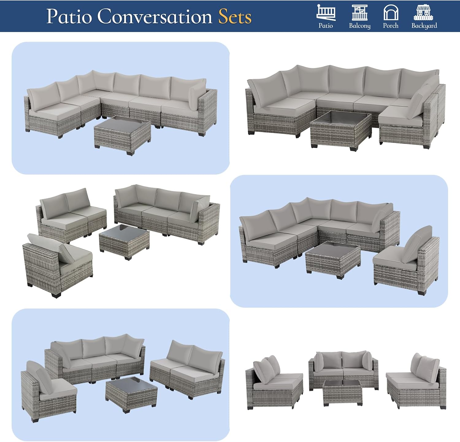 FHFO 7 Piece Outdoor Wicker Patio Furniture Set, Rattan Sectional Sofa Couch, Patio Conversation Set with Cushion & Coffee Table, for Backyard Poolside Porch Garden, Grey