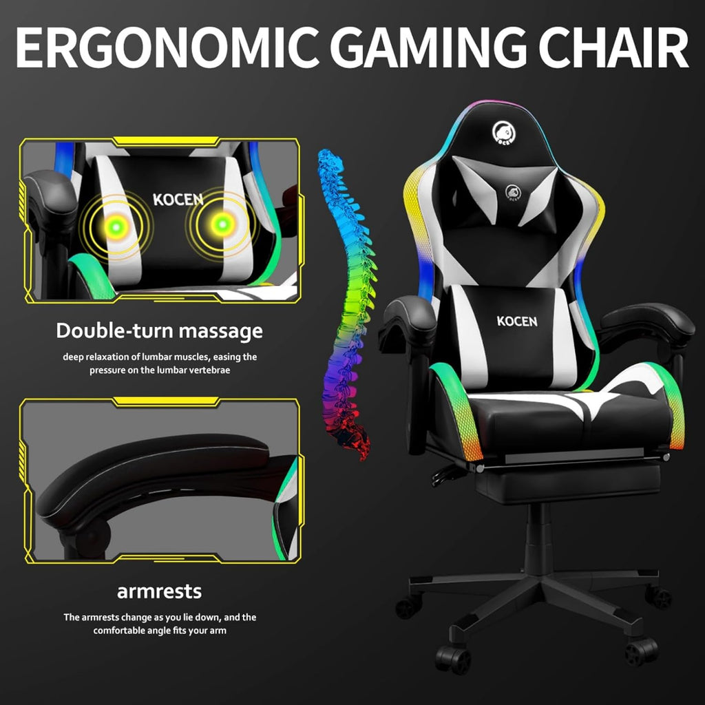 Gaming Chairs for Adults Tall and Kids，Lumbar Support,LED Lights，High Back Reclining Computer Chair with Headrest (Black+White)